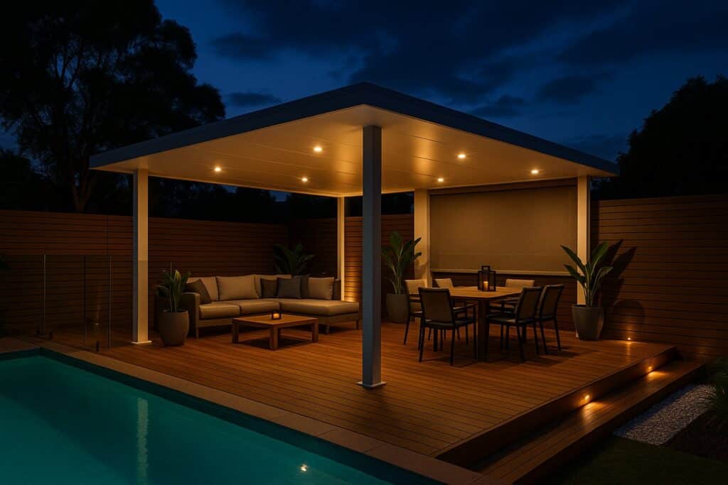 lighted poolside patio at night