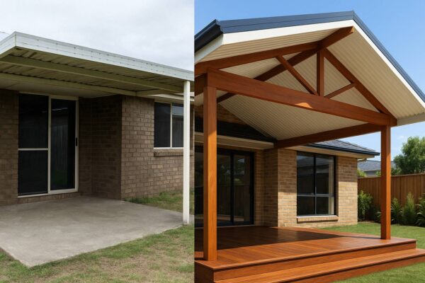 split image of 2 different patios