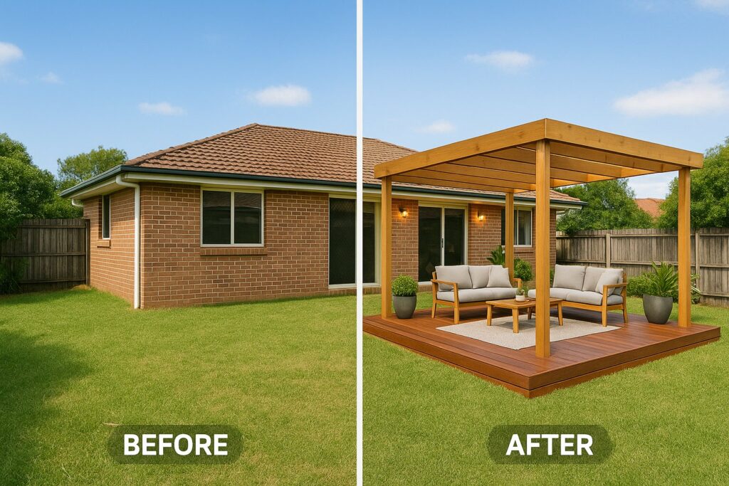 Patio Builders Chelmer 1 Side-by-side comparison image showing a backyard before (plain lawn, no patio) and after (luxury timber deck with pergola, outdoor furniture, and lighting)
