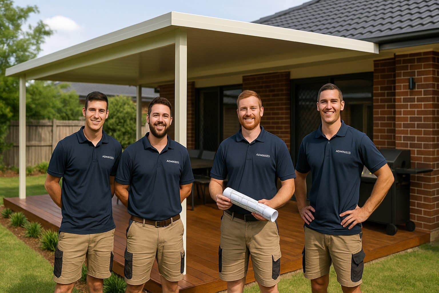 A_high-resolution_digital_photograph_captures_four_compressed A team of professional builders in branded uniforms standing proudly next to a completed patio project in Karana Downs