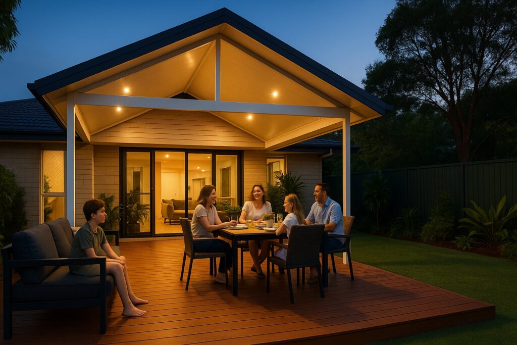 Patio Builders Moggill 1 Family relaxing and dining on a completed modern patio