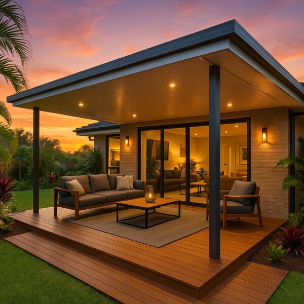 Patio Builders Karana Downs 1 A luxurious modern patio in a suburban Queensland backyard at sunset