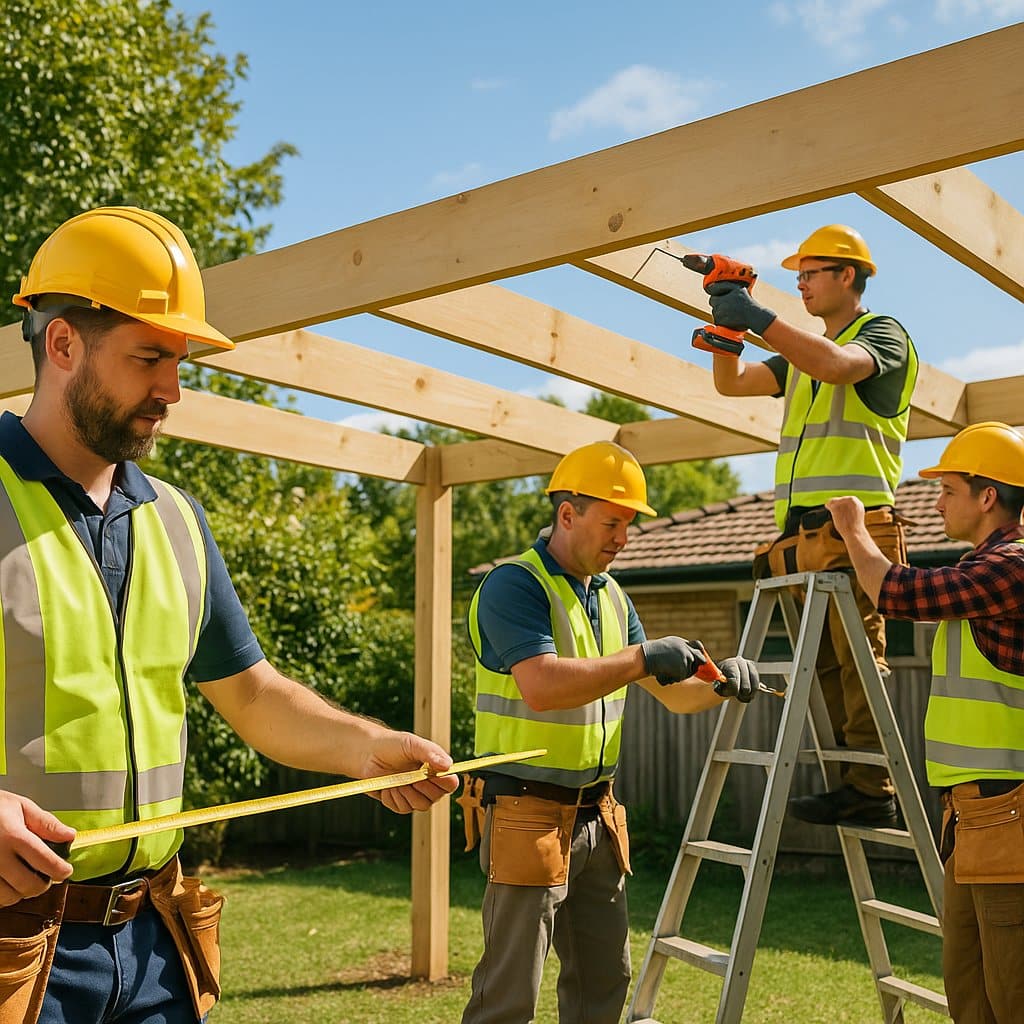 A_high-resolution_photograph_depicts_three_constru_compressed Team of licensed patio builders measuring and constructing a timber frame