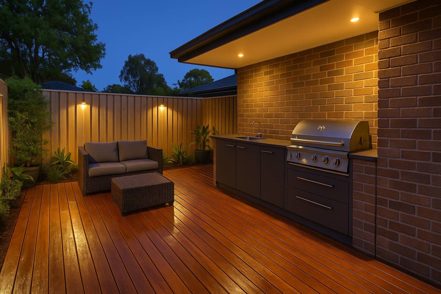 A_high-resolution_photograph_showcases_an_outdoor__compressed A beautifully maintained patio in Brisbane featuring timber decking