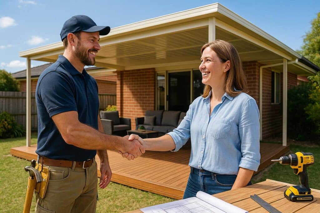 Patio Builders Karalee 1 Professional patio builder shaking hands with a smiling Karalee homeowner
