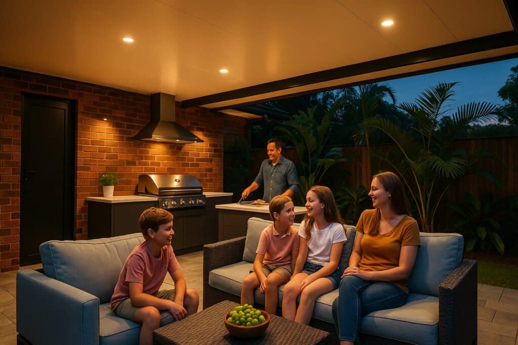 Patio Builders Graceville 1 A family enjoying a completed patio with an outdoor kitchen, BBQ area, and lounge seating
