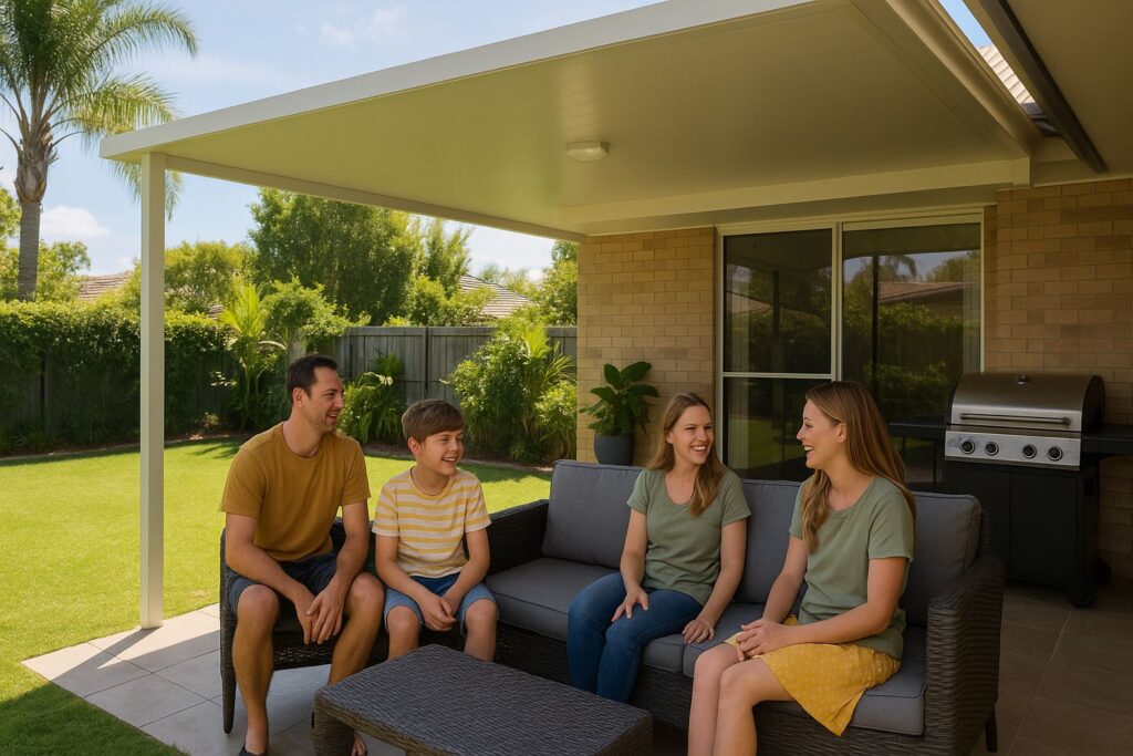 Patio Builders Tarragindi 1 A cheerful family relaxing under a newly built insulated patio
