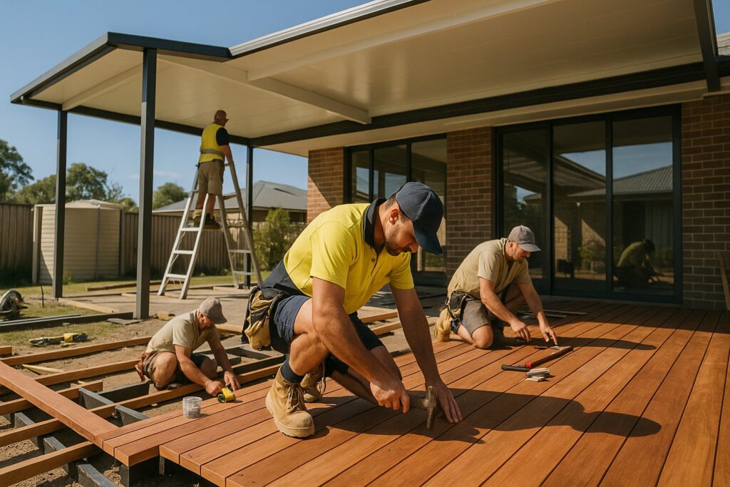 Patio Builders New Beith 1 Builders working on timber decking