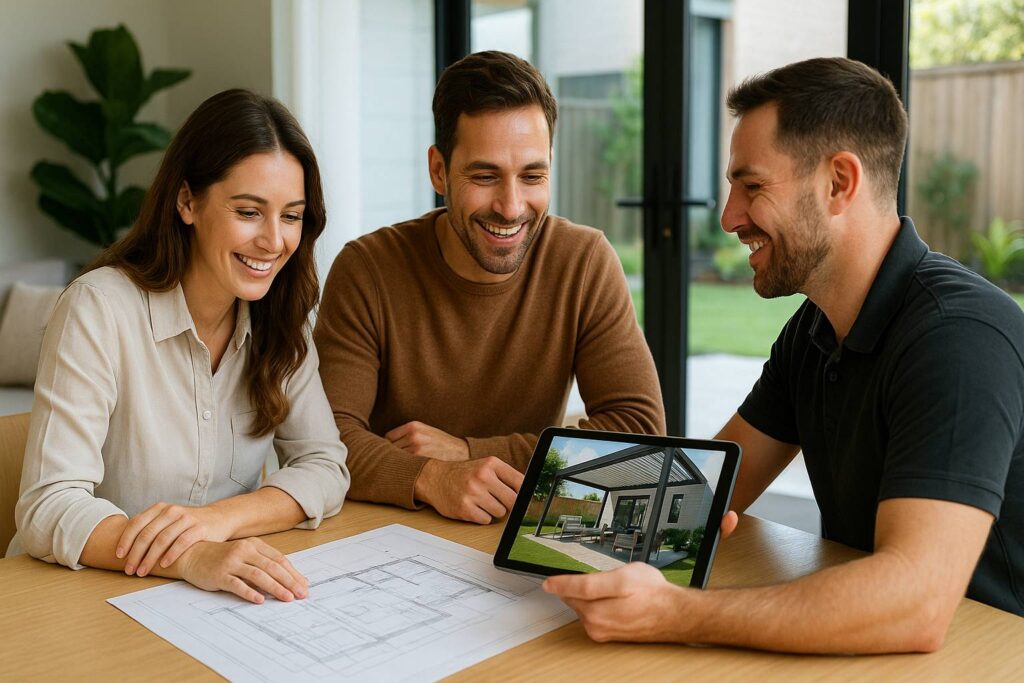 Patio Builders Brookfield 1 A friendly design consultation between a homeowner couple and a professional patio builder