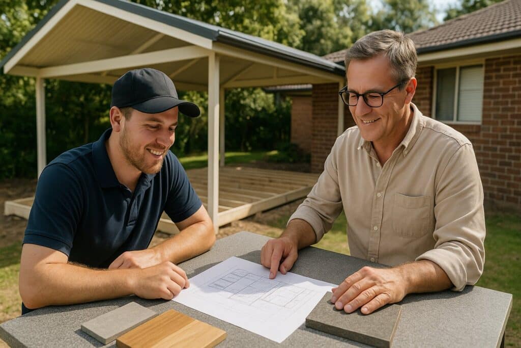 Patio Builders Pullenvale 1 a man and a man looking at a paper