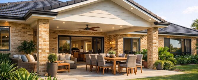 The ‘Built-In’ Patio Look: How We Make New Builds Blend With Existing Homes 1 Built-in patio seamlessly matched to a Gold Coast home’s roof and brickwork with outdoor furniture and coastal landscaping.