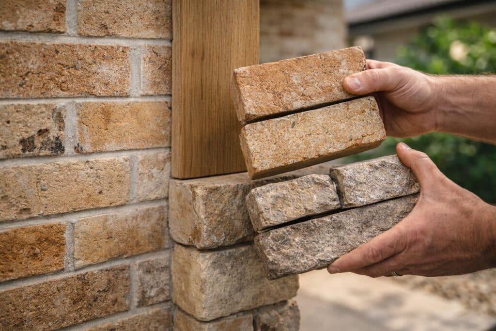 The ‘Built-In’ Patio Look: How We Make New Builds Blend With Existing Homes 2 Builder comparing original house bricks with reclaimed matching materials for a seamless patio extension.