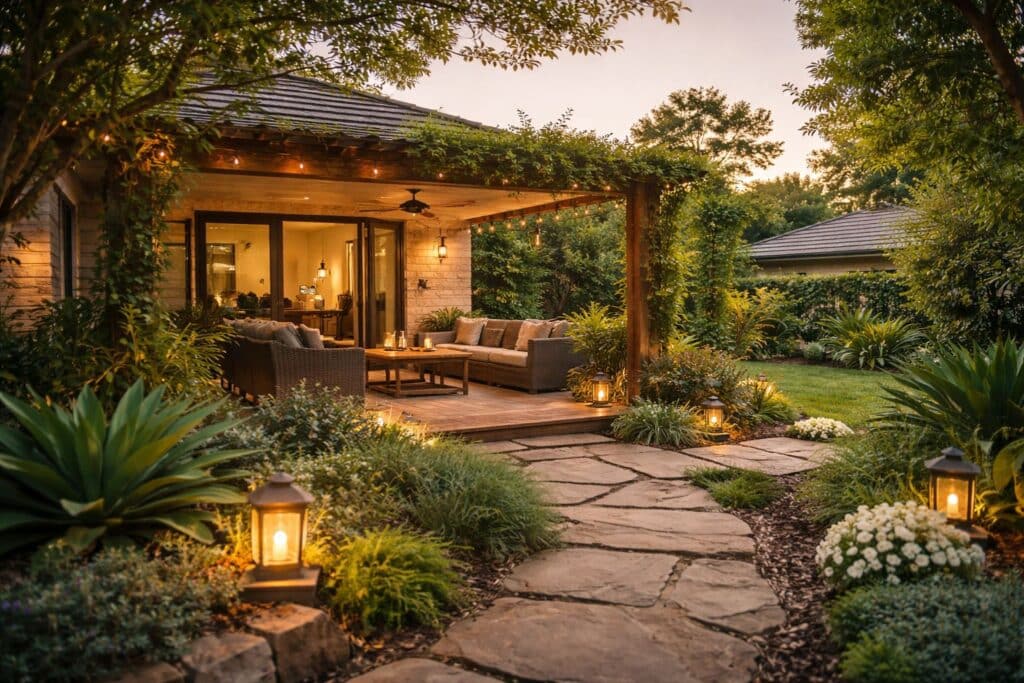 The ‘Built-In’ Patio Look: How We Make New Builds Blend With Existing Homes 3 Established patio surrounded by mature landscaping, stone paths and soft garden lighting.