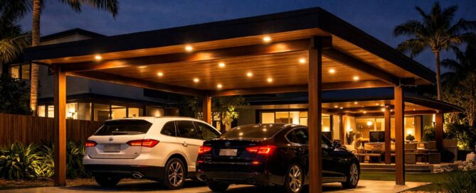 Carport Lighting & Electrical: What to Prep Before the Build 4 Modern Gold Coast carport with warm LED lighting creating a safe and stylish parking area at night.