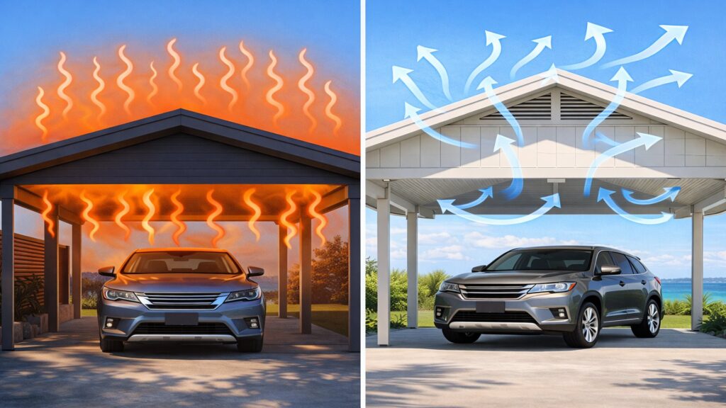 Side-by-side comparison of poorly ventilated carport versus well-ventilated carport design.