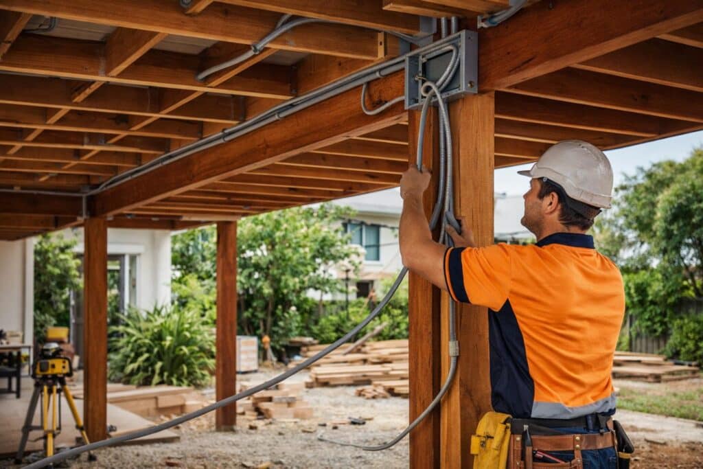 Electrician installing hidden wiring and conduits inside a carport frame before construction.