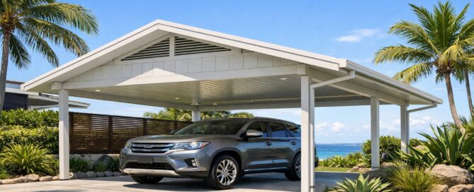 Avoid The ‘Hot Box’ Effect: Carport Ventilation Features That Matter 2 Modern ventilated carport on the Gold Coast with insulated roof and coastal landscaping.