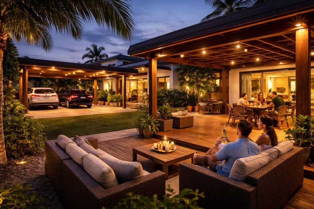 Outdoor living area with connected carport, patio, and pergola lighting for evening entertaining.