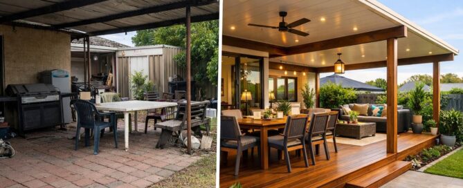 Patio Design Mistakes That Crush Resale Value 2 Before and after comparison of a poorly designed patio transformed into a modern outdoor entertaining space on the Gold Coast.