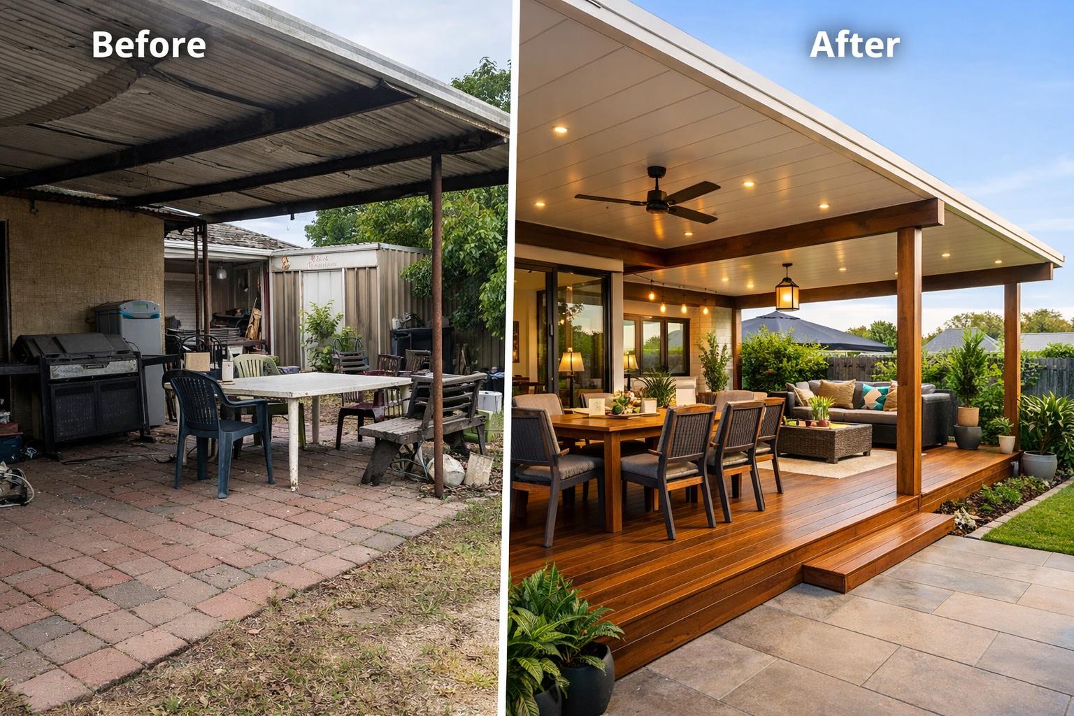 Before and after comparison of a poorly designed patio transformed into a modern outdoor entertaining space on the Gold Coast.