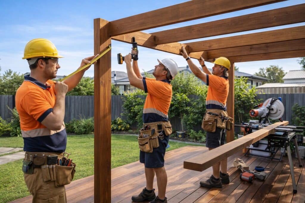 Licensed builders constructing a high-quality patio and pergola on the Gold Coast.