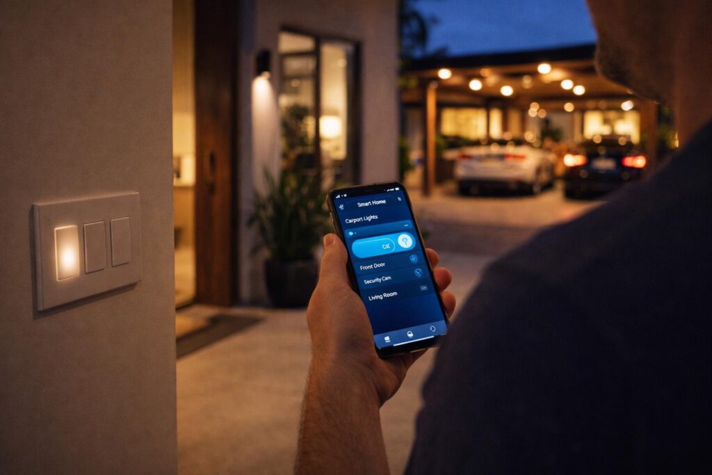 Homeowner controlling carport lighting using a smartphone smart home app.