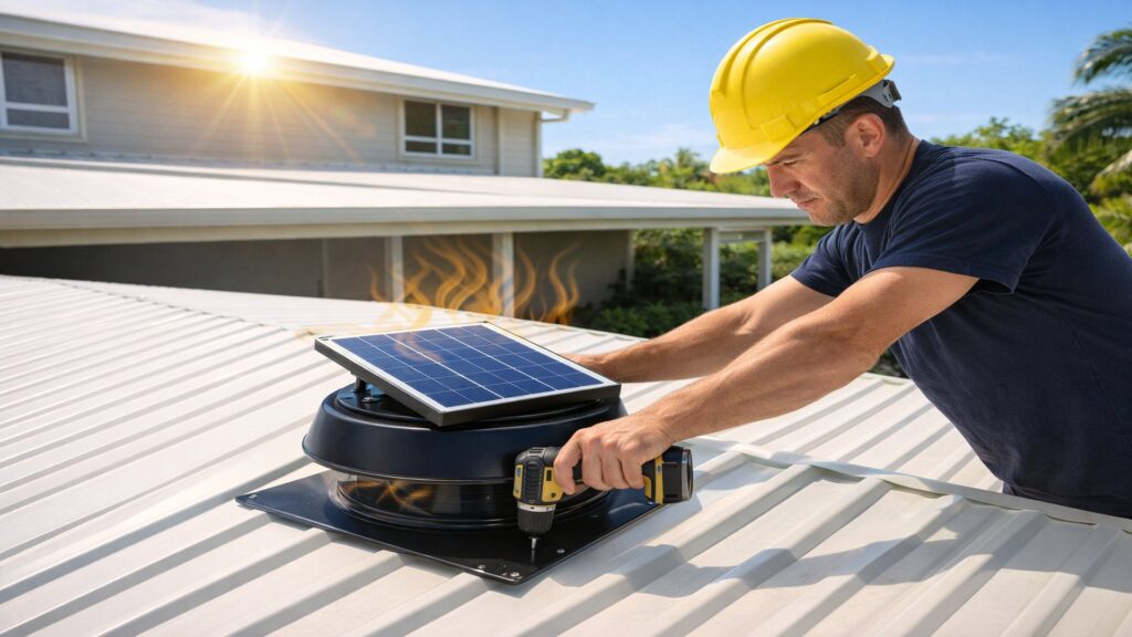 Solar exhaust fan installed on a residential carport roof.
