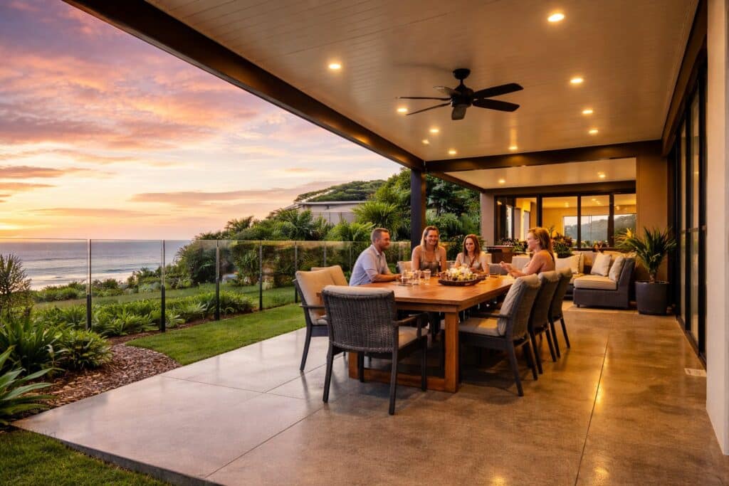 Finished insulated patio with warm lighting and outdoor dining area at sunset in a coastal backyard.