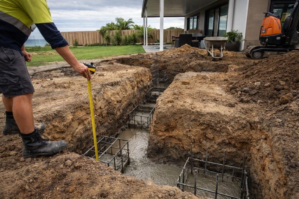Concrete footings and steel reinforcement being installed for a patio foundation in a residential backyard.