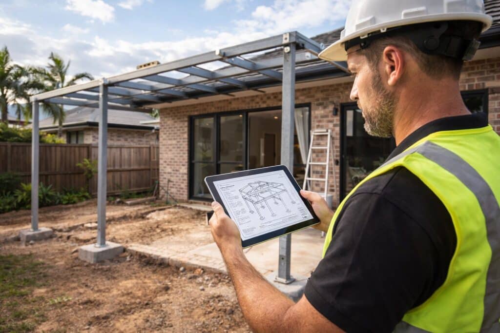 Builder reviewing engineered patio plans on site at a Queensland home before construction begins.