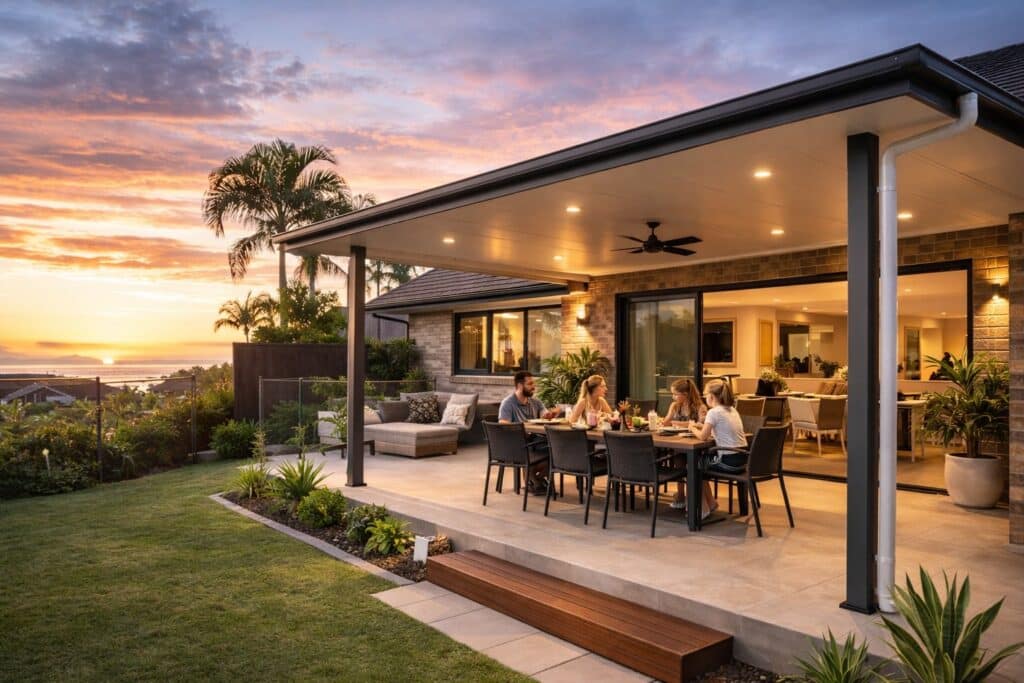 Modern Gold Coast patio with outdoor dining setup at sunset, designed for entertaining and everyday living.
