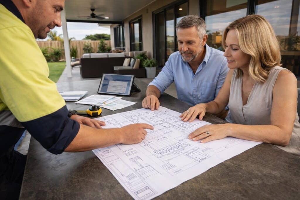 Homeowners reviewing patio building plans and council documents with a licensed builder.