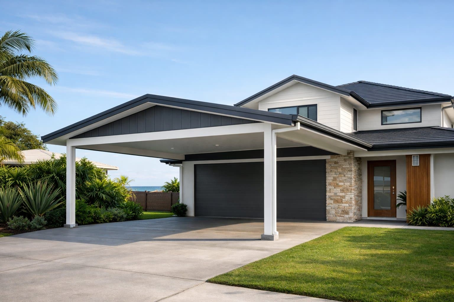 Why Carports Can Look “Cheap” - And How to Avoid That Outcome 1 Modern Gold Coast home with a custom-designed carport that matches the roofline and exterior finishes, demonstrating cohesive, high-end design.