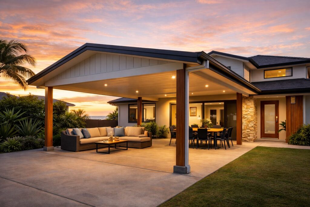 Why Carports Can Look “Cheap” - And How to Avoid That Outcome 3 Custom carport designed as a shaded outdoor entertaining space with seating, lighting, and timber feature posts.