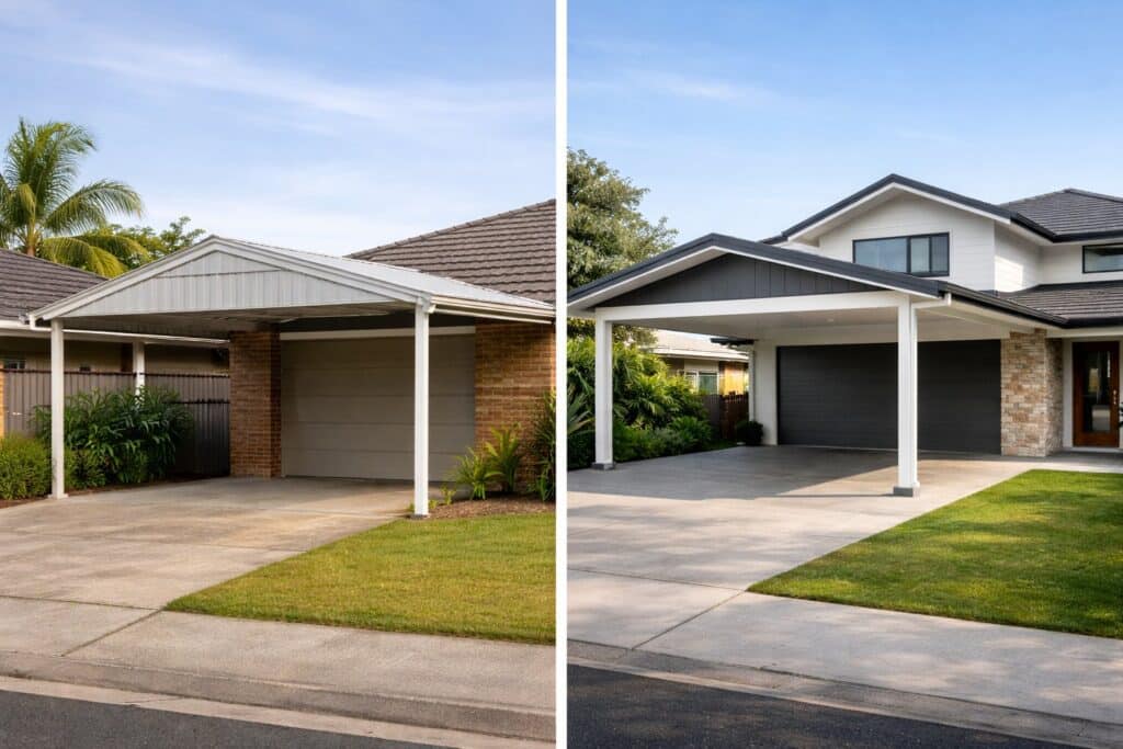 Why Carports Can Look “Cheap” - And How to Avoid That Outcome 2 Side-by-side comparison showing a mismatched pre-fabricated carport versus a custom-designed carport integrated with the home’s roofline.