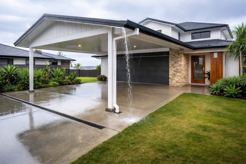 Why Carports Can Look “Cheap” - And How to Avoid That Outcome 4 Modern carport with correct roof slope directing rainwater into gutters and downpipes, showing proper drainage and structural design.