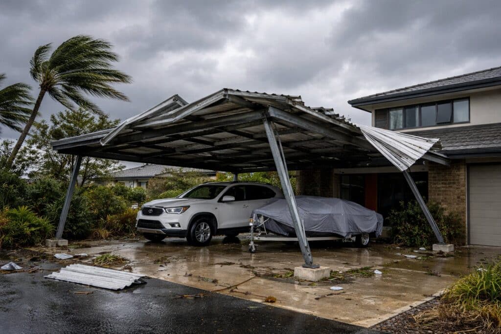 Storm Season Checklist: Is Your Carport Built for Coastal Winds? 2 Carport with lifted roof sheets and bent structural posts after a severe coastal storm.