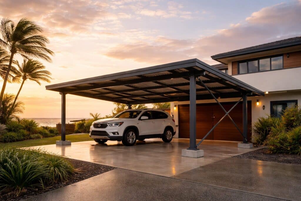 Storm Season Checklist: Is Your Carport Built for Coastal Winds? 4 Premium steel carport attached to a modern Gold Coast home at sunset, built for coastal durability.