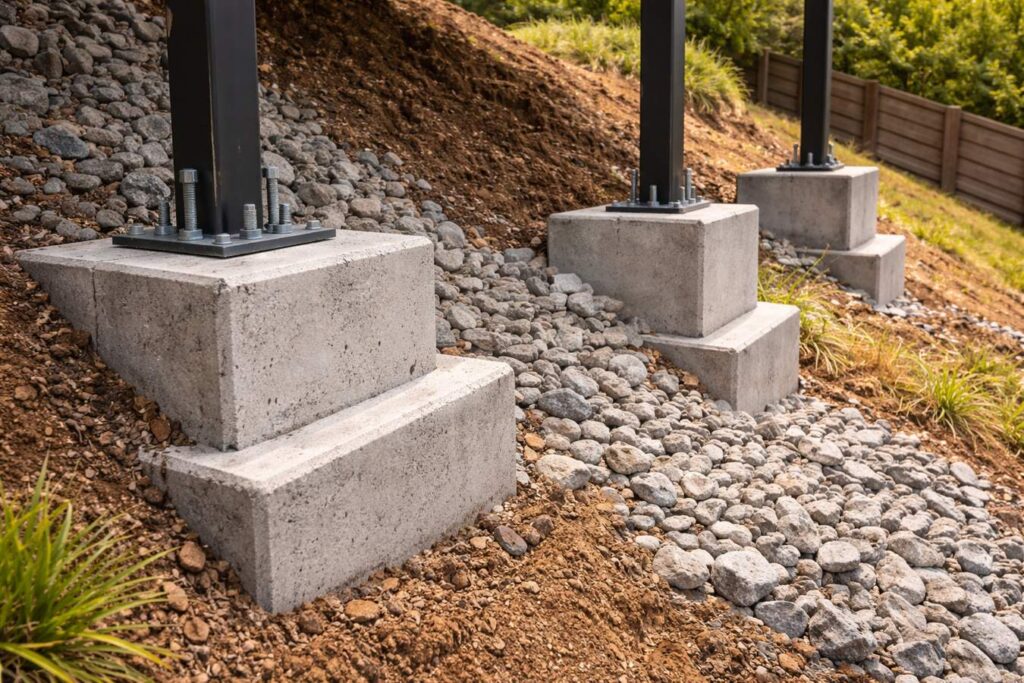 Close-up of stepped footings and steel support posts used to stabilize a carport on sloped land.