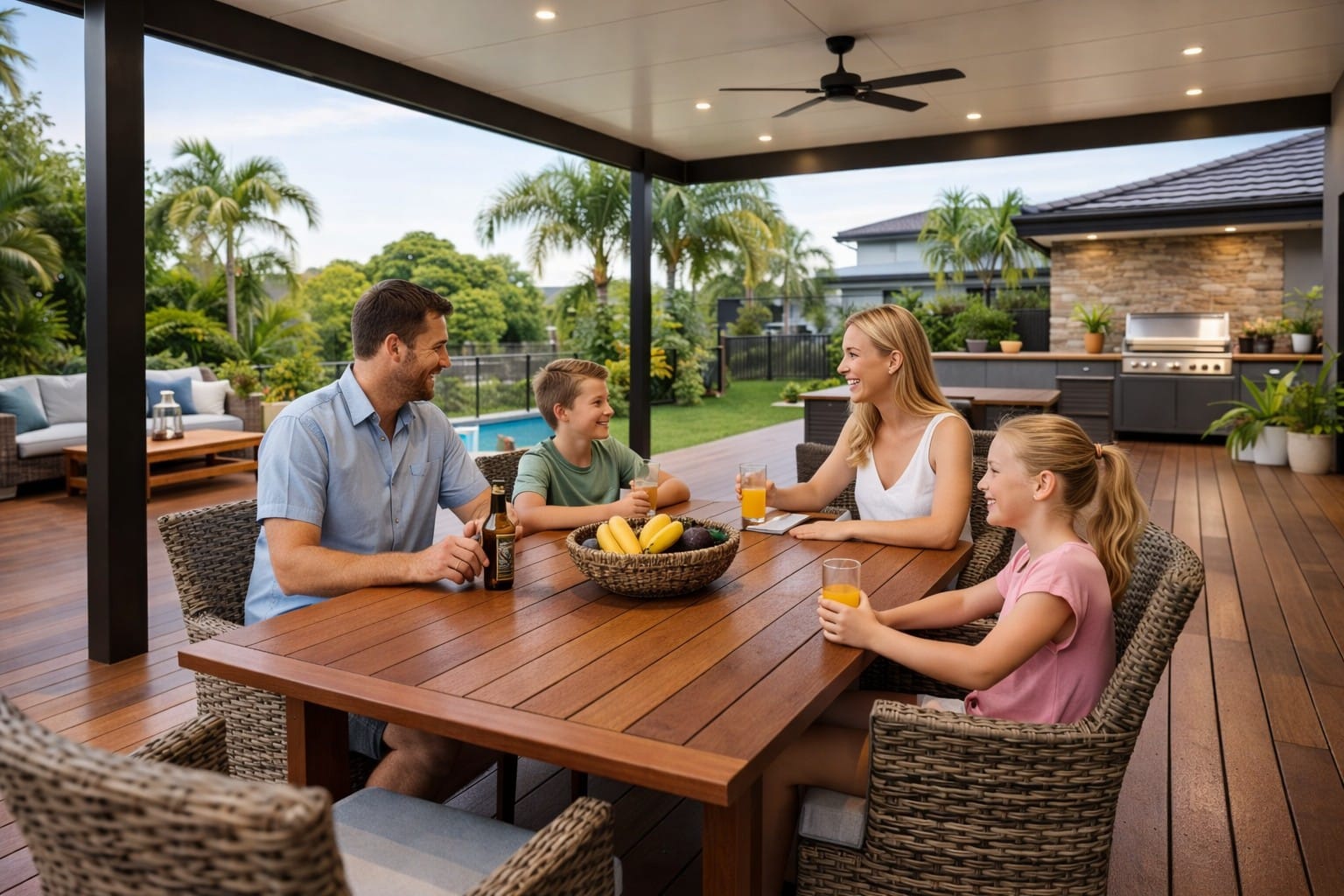 Family relaxing and dining together on a covered outdoor deck in a modern backyard.