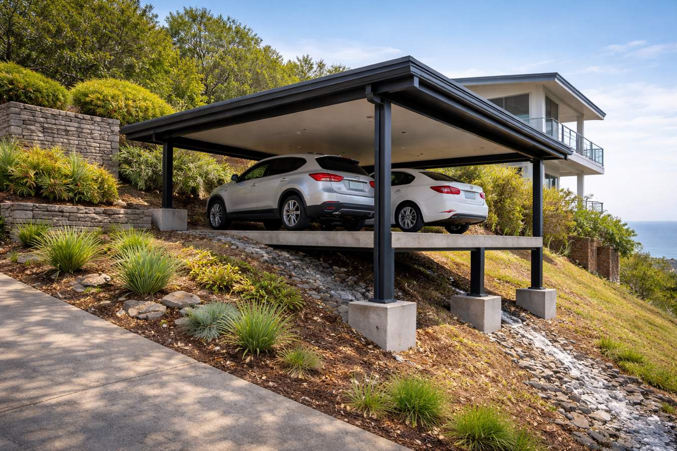 Building a Carport on a Sloped Block: Real Solutions, Not Excuses 1 Modern carport constructed on a steep sloped residential block with durable materials and clean design.
