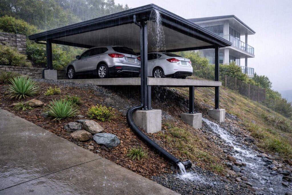 Carport on a sloped block with effective drainage system directing water away from the structure.