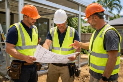 Career Opportunities 1 Construction team reviewing patio building plans together on a job site.