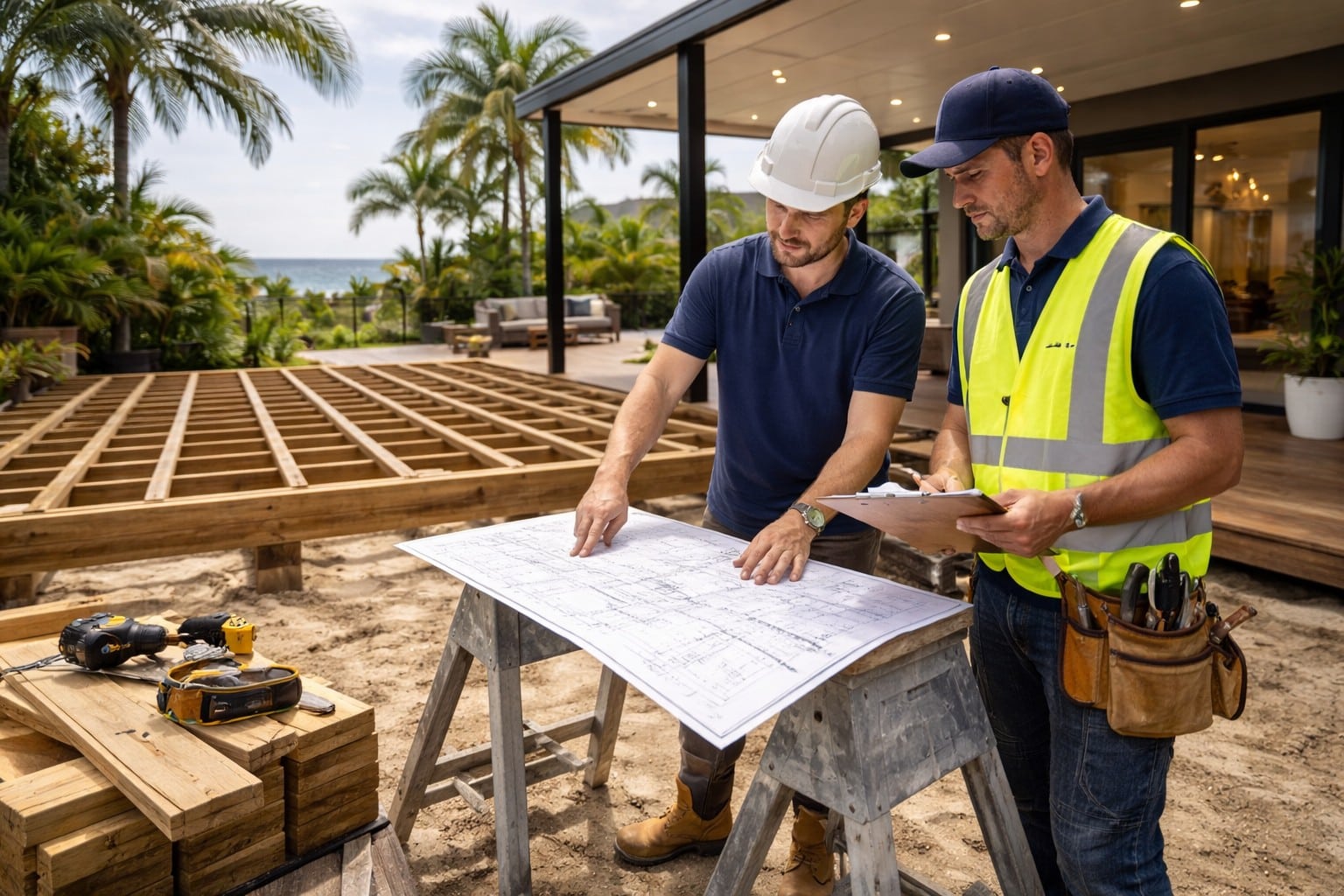Builder and contractor reviewing plans beside a timber deck under construction.