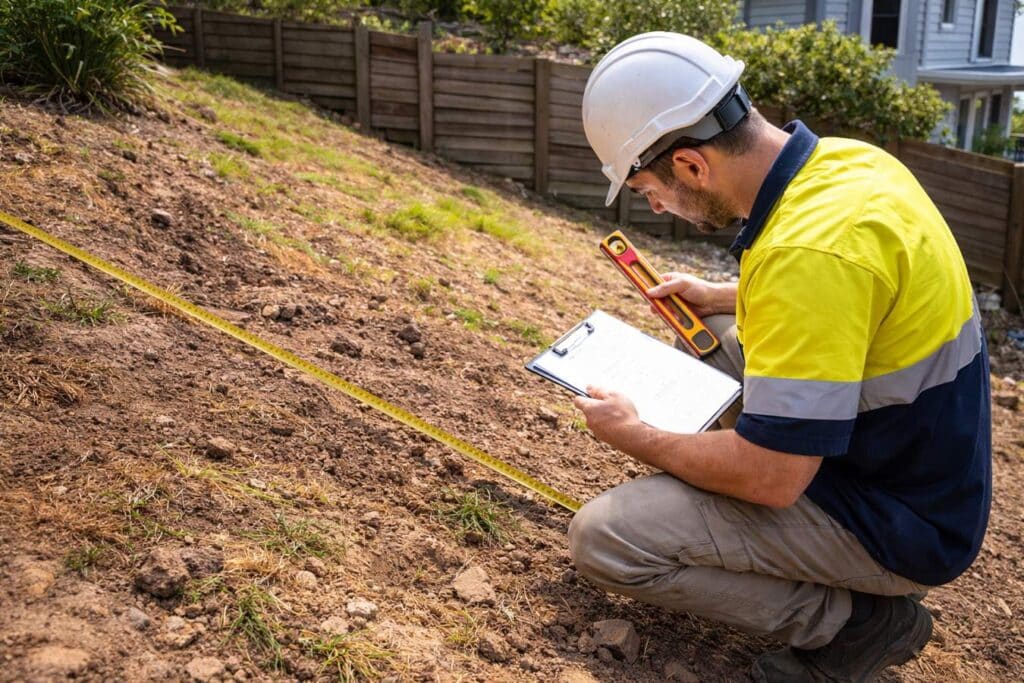 Builder assessing slope and soil conditions on a residential block before carport construction.