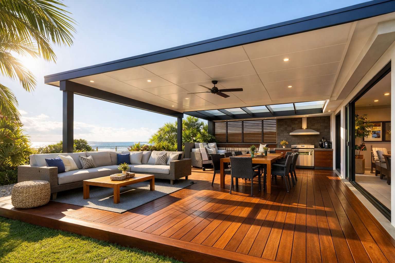 Modern outdoor patio with deck, pergola, and seating area designed for relaxing and entertaining in a coastal home.