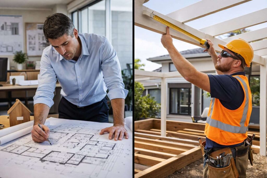 Side-by-side comparison of an architect working on plans and a patio builder measuring an outdoor structure.