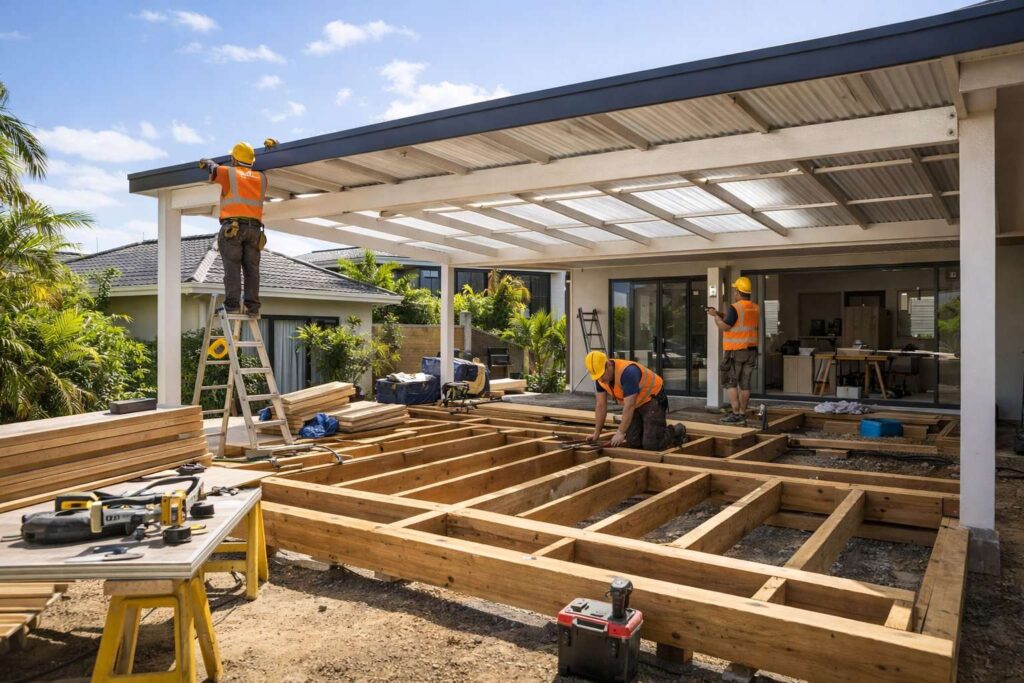 Patio builders constructing a deck and roof structure in a residential backyard.