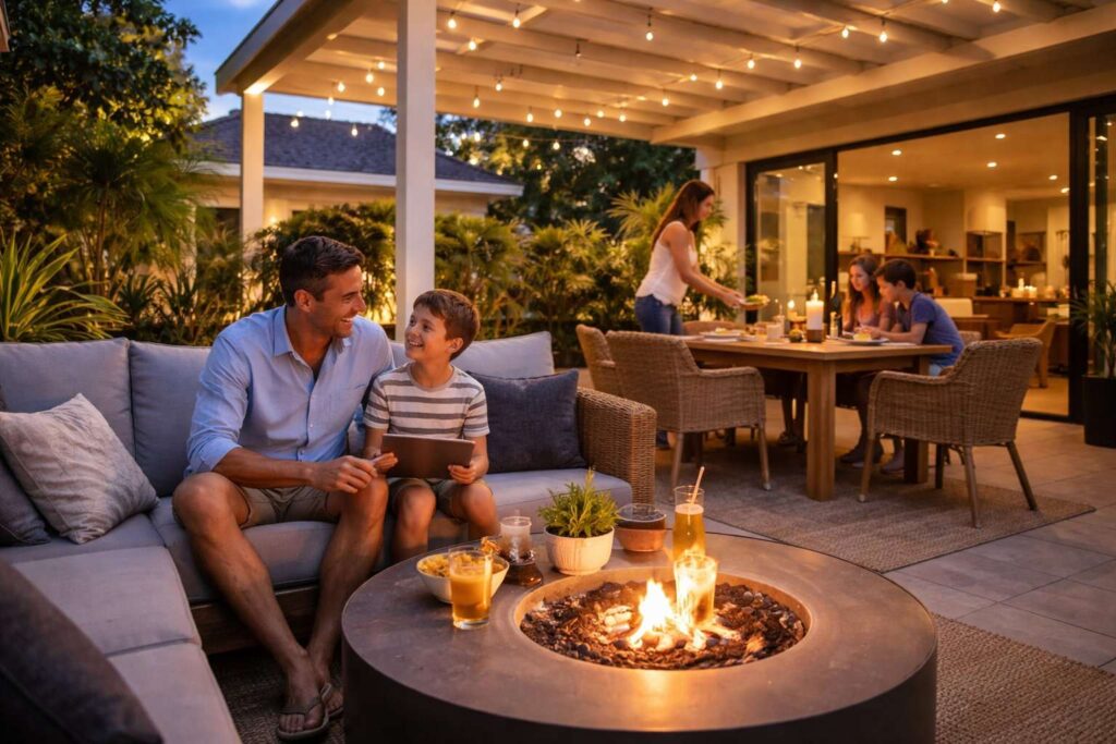 Family enjoying a comfortable outdoor patio space with lighting, seating, and dining area in the evening.