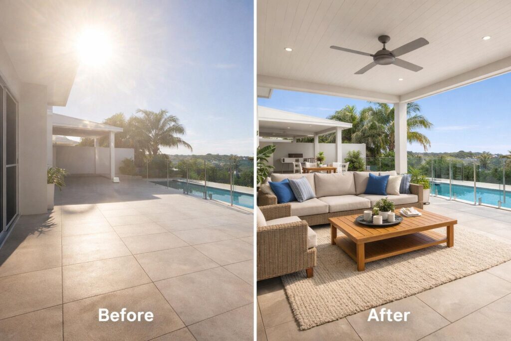 Comparison of a patio without shade versus a shaded patio with insulated roofing showing improved comfort